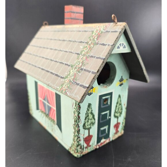 Vintage Birdhouse Green Hand-Painted Wooden Cottage Chimney Windows CM2034 - Picture 2 of 13